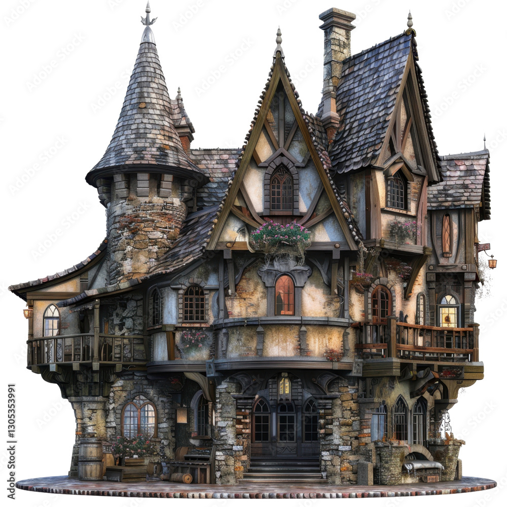 whimsical, fairy tale style house with intricate architecture, stone walls, and charming turret. building features decorative elements and vibrant flowers, creating magical atmosphere whimsical, fairy tale style house with intricate architecture, stone walls, and charming turret. building features decorative elements and vibrant flowers, creating magical atmosphere