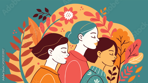 A diverse group of females portrayed with flowers in a paper cut-out style SVG . International Women's AI, Day, EPS, PNG, JPEG File.