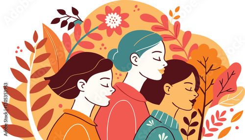 A diverse group of females portrayed with flowers in a paper cut-out style SVG . International Women's AI, Day, EPS, PNG, JPEG File.
