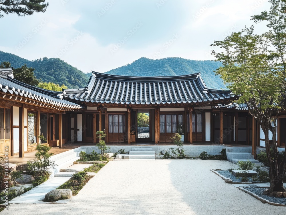 A traditional Asian style building with a courtyard and mountains A traditional Asian style building with a courtyard and mountains