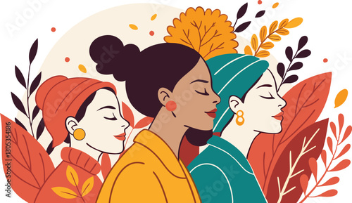 A diverse group of females portrayed with flowers in a paper cut-out style SVG . International Women's AI, Day, EPS, PNG, JPEG File.