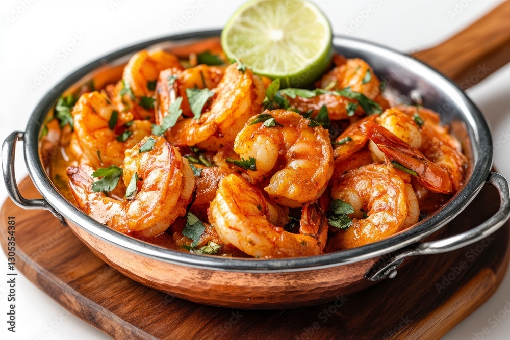 Delicious Spicy Shrimp Scampi with Lime and Parsley in Copper Pan Delicious Spicy Shrimp Scampi with Lime and Parsley in Copper Pan