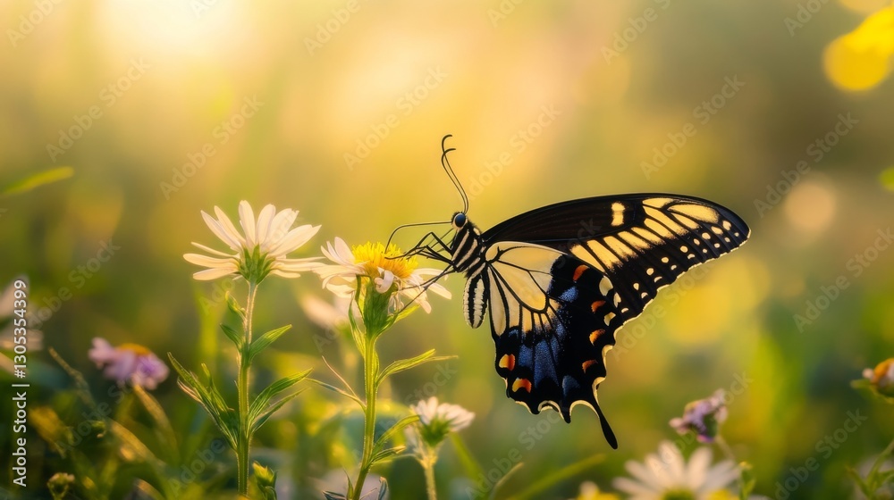 A black and yellow butterfly pollinating a wildflower, surrounded by soft morning light. A black and yellow butterfly pollinating a wildflower, surrounded by soft morning light.