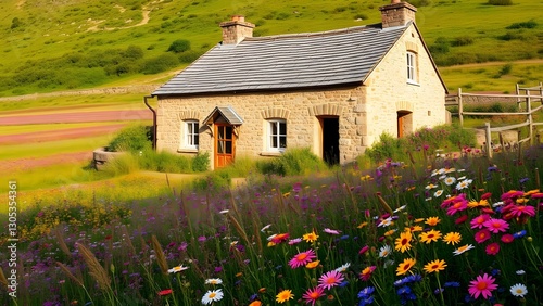 A charming stone cottage surrounded by vibrant flowers and lush greenery, creating a peaceful and idyllic countryside scene perfect for relaxation and escape.   photo