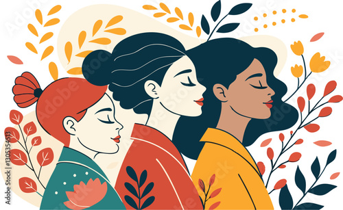 A diverse group of females portrayed with flowers in a paper cut-out style SVG . International Women's AI, Day, EPS, PNG, JPEG File.
