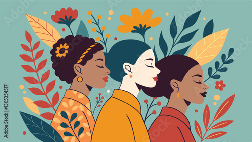 A diverse group of females portrayed with flowers in a paper cut-out style SVG . International Women's AI, Day, EPS, PNG, JPEG File.