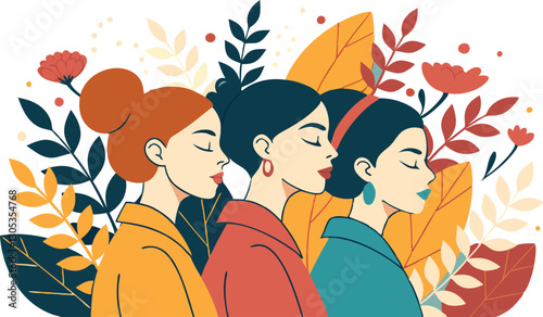 A diverse group of females portrayed with flowers in a paper cut-out style SVG . International Women's AI, Day, EPS, PNG, JPEG File.