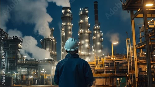 Oil refinery worker at night, industrial complex, observation, night shift, safety, worker looking