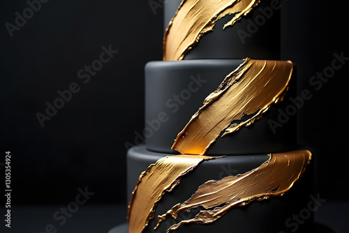 a three-tiered black cake adorned with striking gold accents creating a modern and elegant look perfect for celebrations or special events photo