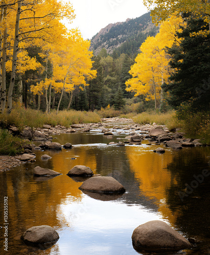 autumn grove of golden quaking aspens in sunlight