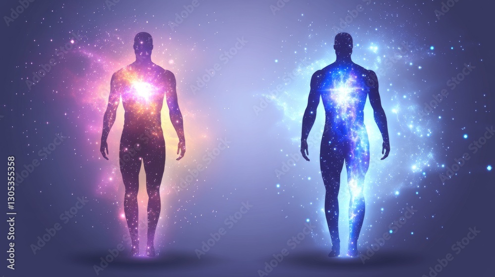 Fototapeta premium Spiritual beings in vibrant cosmic landscapes.