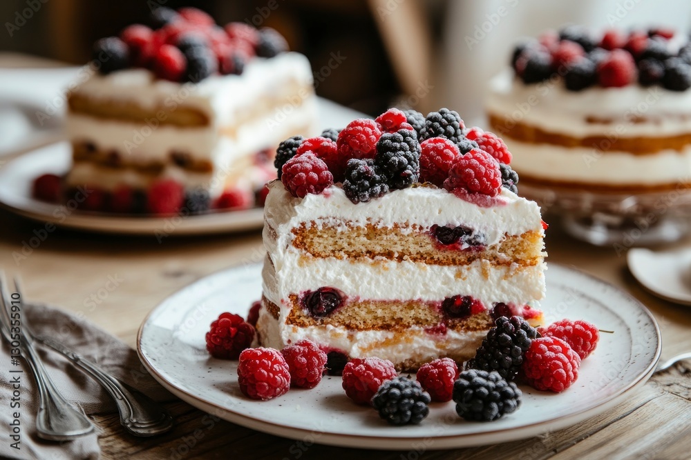 Delicious Layered Berry Cake Slice with Cream Cheese Frosting Displayed Delicious Layered Berry Cake Slice with Cream Cheese Frosting Displayed
