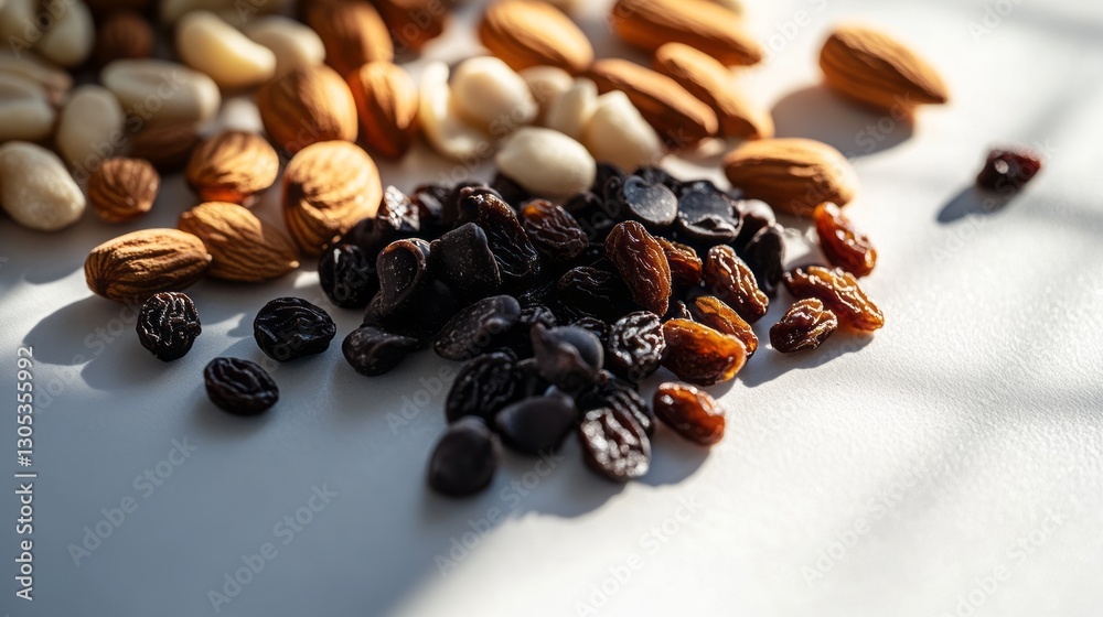Obraz premium Closeup of Almonds and Raisins on White Background