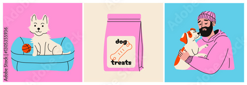 Man hugging dog. Cartoon dog supplies pet bed toys and canine food, pet shop or store concept, flat hand drawn colorful doggy icons. Vector set