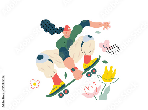 Life Unframed: Skateboarder -modern flat vector concept illustration of skater jumping above flowers. Metaphor of unpredictability, imagination, whimsy, cycle of existence, play, growth and discovery