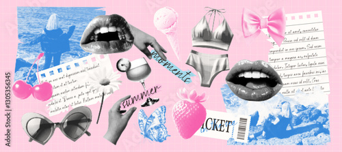 Photo clippings of sea, beach, cherry, butterfly, swimsuit, ice cream halftone art collage cut outs set. Vector collage summer with moments.