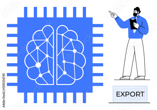 AI brain-thumbs up processor with neural connections inside a microchip, businessman presenting export-related data. Ideal for technology, machine learning, AI, innovation, exporting, engineering