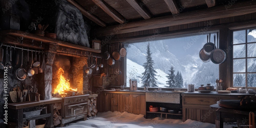 Warm fire burns in a rustic kitchen with winter outside Warm fire burns in a rustic kitchen with winter outside