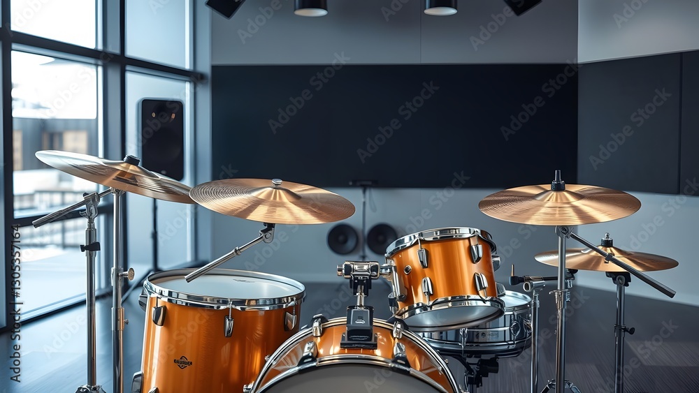 Fototapeta premium A vibrant orange drum set in a modern music studio, featuring professional soundproofing and stylish design, perfect for rehearsals and recordings. 