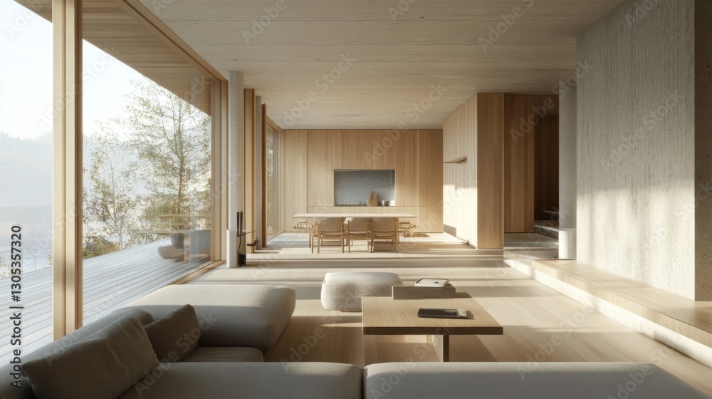 Obraz premium A modern minimalist living room with an open-concept layout, light gray furniture, and natural wooden elements.