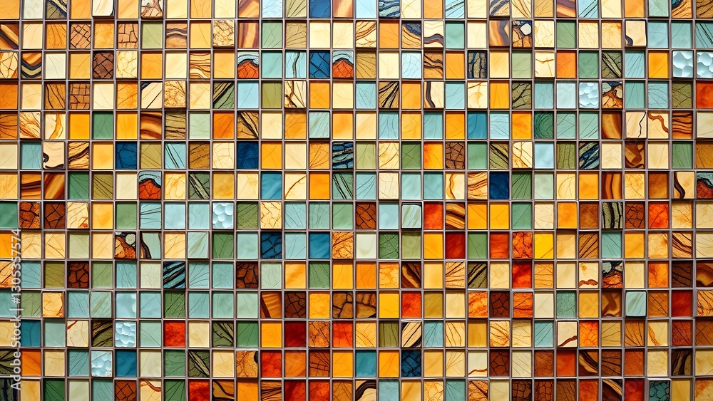 Fototapeta premium Colorful mosaic tile wall featuring an intricate design with vibrant patterns, showcasing artistic craftsmanship and creativity in a striking arrangement. 