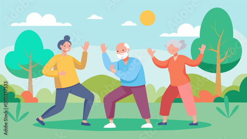 The sound of soothing music and gentle chatter filling the air as seniors gather for their weekly Tai Chi session in the open air of a local park.. Vector illustration