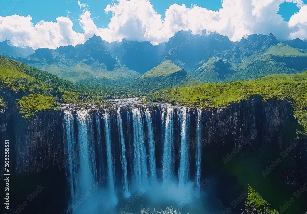 Fototapeta premium Majestic waterfall cascading down rocky cliffs surrounded by lush green landscape under a bright blue sky with clouds in the background