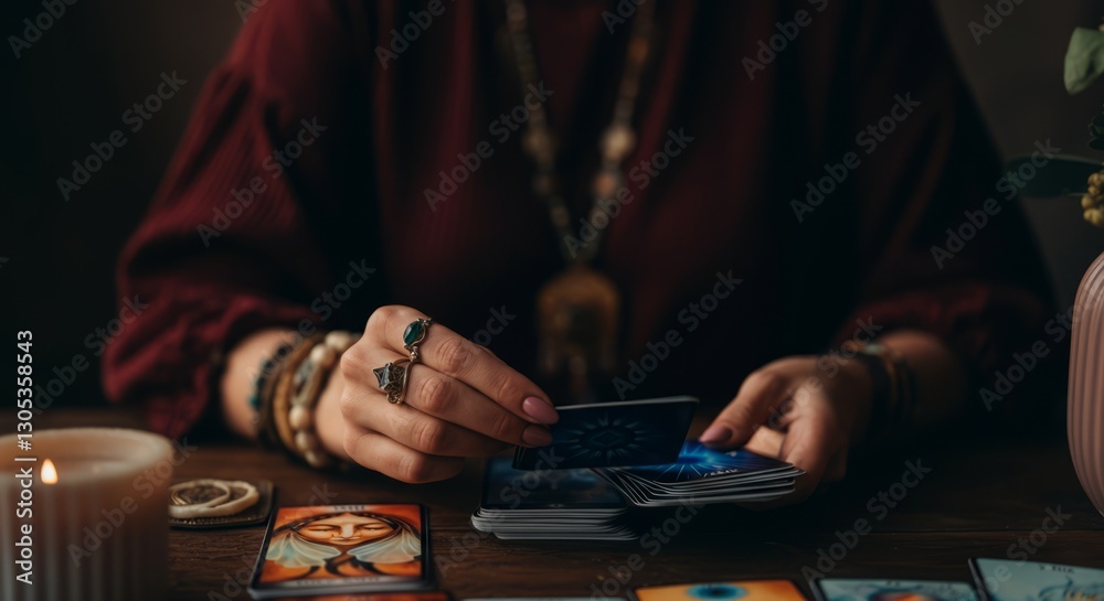 Fototapeta premium Female hands clutch tarot cards with candle light for mystical fortune telling