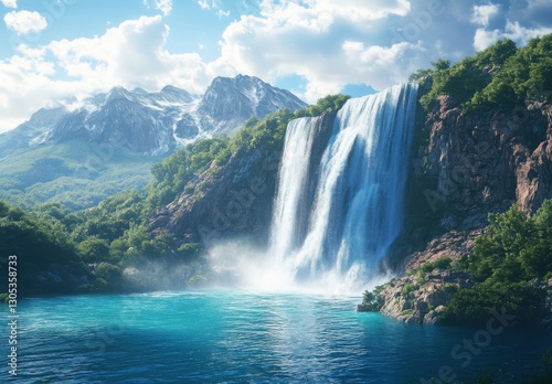Majestic Waterfall Cascading Down Rocky Cliffs Surrounded by Lush Greenery and Mountain Peaks Under a Bright Blue Sky in a Picturesque Natural Landscape