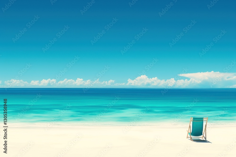 Empty beach chair on white sand, turquoise ocean, serene summer day Empty beach chair on white sand, turquoise ocean, serene summer day