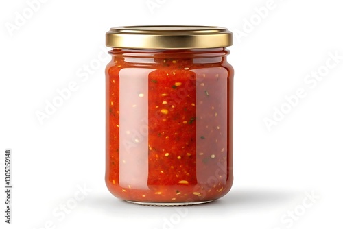 Jar of red tomato salsa sauce isolated on white background