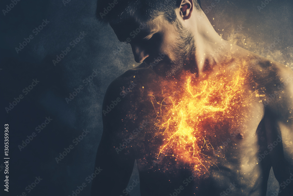 man's chest is on fire, with the flames reaching up to his neck. Concept of danger and urgency, as if the man is in a life-threatening situation man's chest is on fire, with the flames reaching up to his neck. Concept of danger and urgency, as if the man is in a life-threatening situation