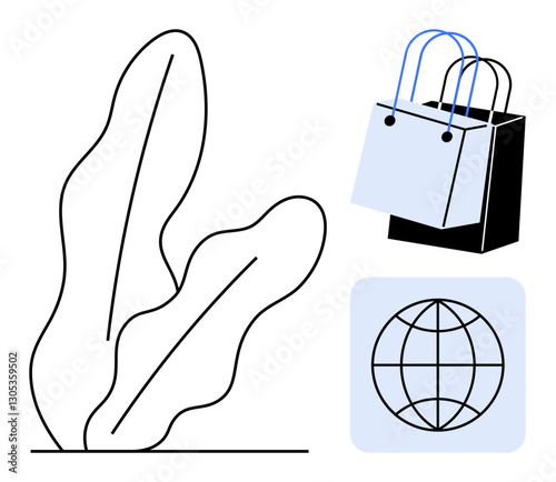 Shopping bags, leaf plant, and internet globe. Ideal for e-commerce, sustainability, environmental awareness, global reach, online retail eco-friendly practices digital marketplace. Abstract line