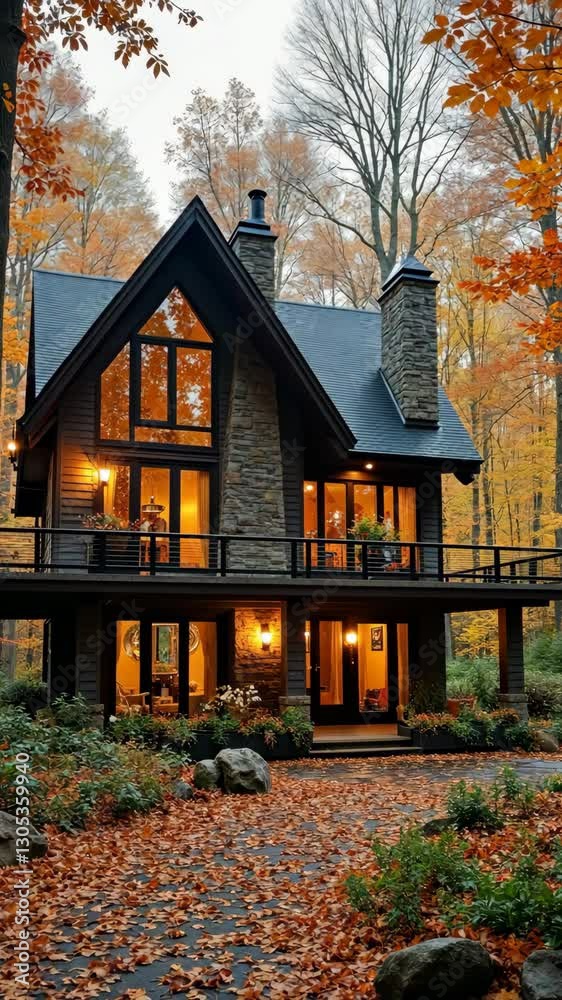 Large house with a fireplace and a chimney. The house is surrounded by trees and leaves Large house with a fireplace and a chimney. The house is surrounded by trees and leaves