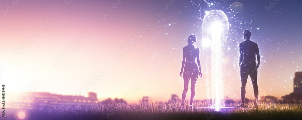 Fototapeta premium Two figures contemplating a mystical portal.