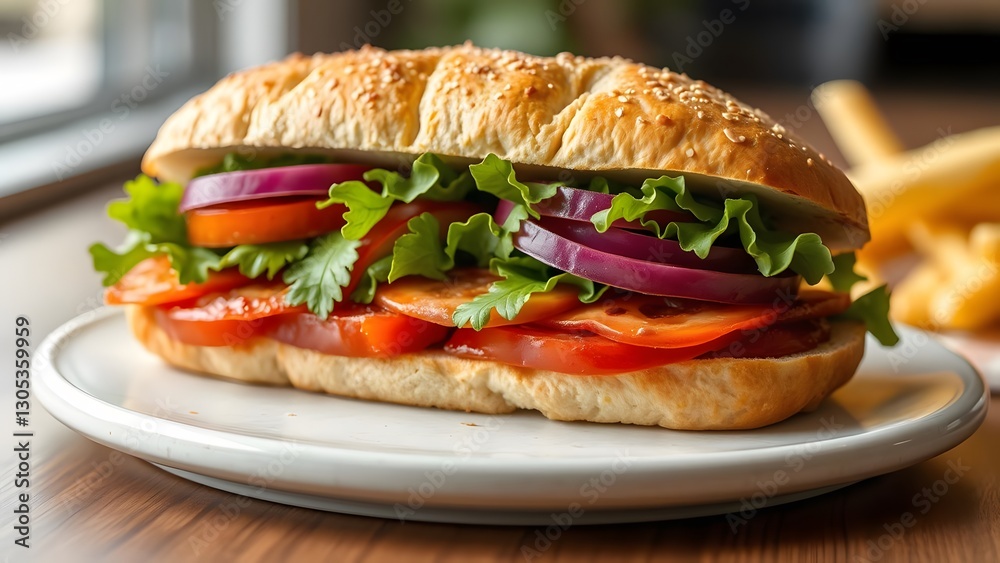 Gourmet sandwich loaded with fresh vegetables and herbs, served on a soft, crispy bread, perfect for a delicious and healthy lunch option. Gourmet sandwich loaded with fresh vegetables and herbs, served on a soft, crispy bread, perfect for a delicious and healthy lunch option.