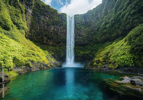Majestic Waterfall Cascading into Clear Blue Pool Surrounded by Lush Greenery in a Scenic Natural Landscape with Dramatic Clouds Above