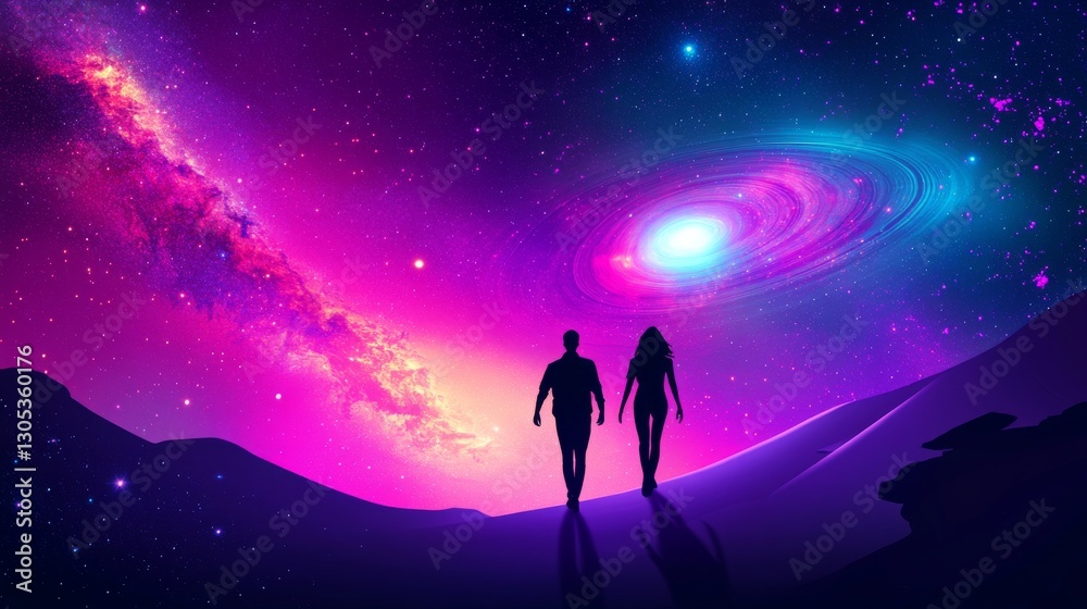 Fototapeta premium Two figures explore a vibrant cosmic landscape.