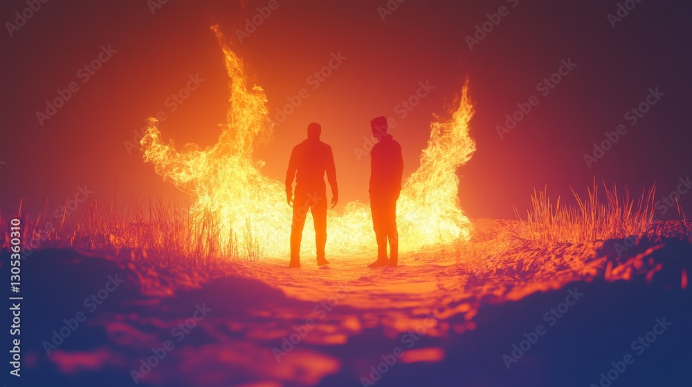 Fototapeta premium Two figures illuminated by flames in darkness.