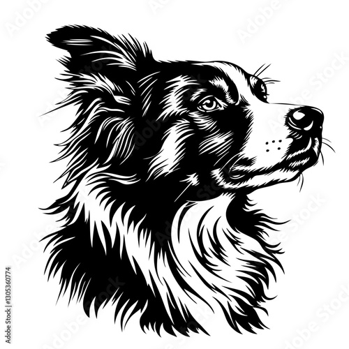 AUSTRALIAN shepherd dog Monochrome border collie portrait: detailed black and white canine artwork