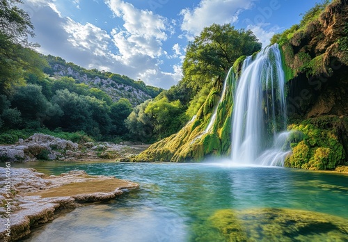 Majestic Waterfall Cascading into Crystal Clear Pool Surrounded by Lush Greenery and Dramatic Cloudy Sky