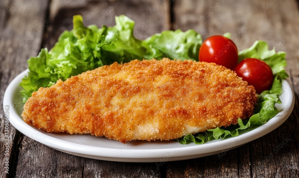 Crispy Breaded Chicken Cutlet Served with Fresh Salad and Tomatoes Crispy Breaded Chicken Cutlet Served with Fresh Salad and Tomatoes