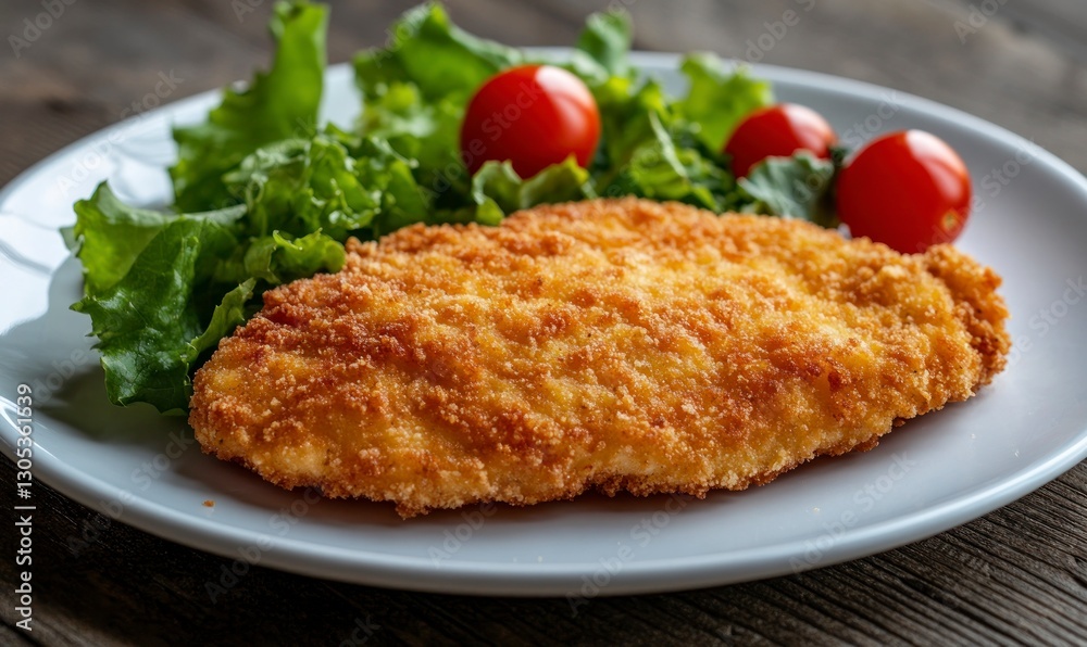 Golden Chicken Cutlet Served with Fresh Green Salad and Tomatoes Golden Chicken Cutlet Served with Fresh Green Salad and Tomatoes
