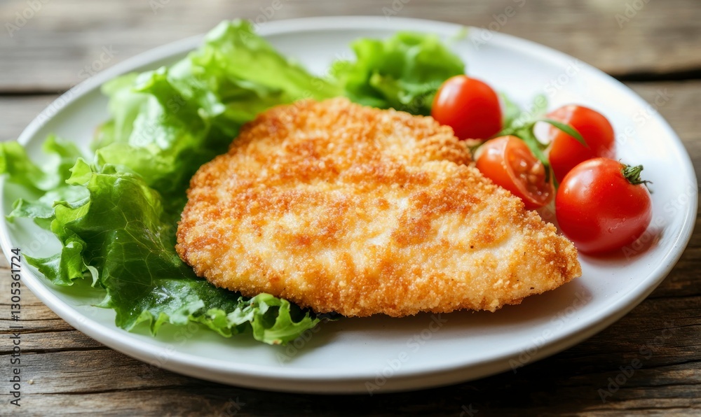 Serving Fried Chicken Cutlet with Fresh Salad and Cherry Tomatoes Serving Fried Chicken Cutlet with Fresh Salad and Cherry Tomatoes