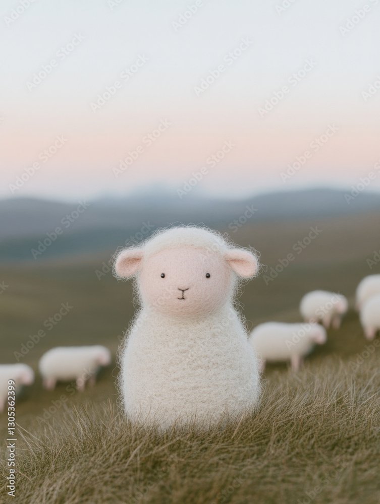 Fototapeta premium Lamb grazing peacefully among a flock of sheep in a tranquil sunset grassland