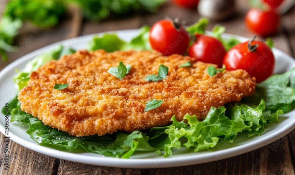Golden Breaded Cutlet on Lettuce with Tomatoes on White Plate Golden Breaded Cutlet on Lettuce with Tomatoes on White Plate