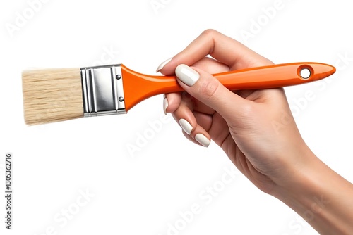 Hand holding a small paintbrush with orange handle isolated on white background, painting tool photo