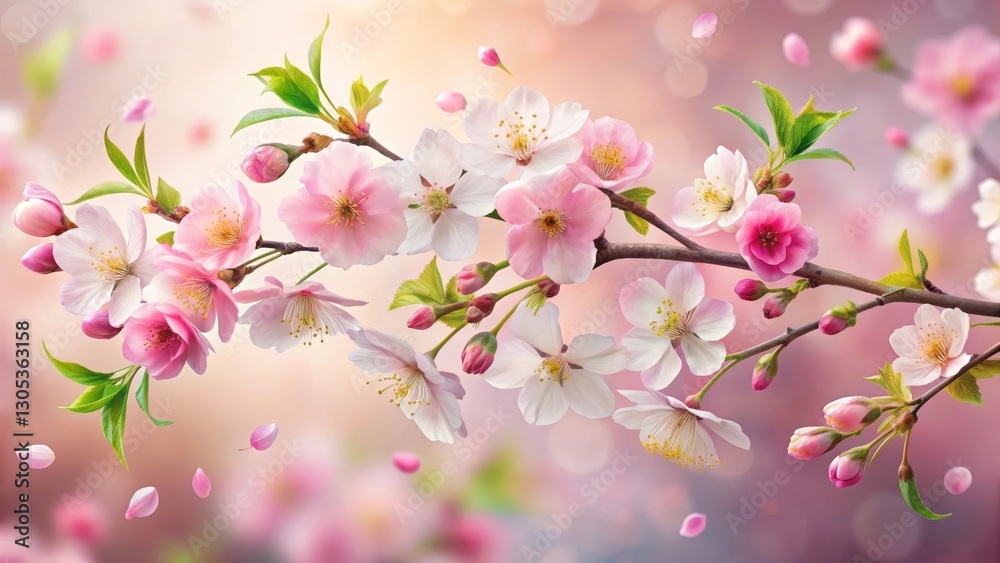 Fototapeta premium Delicate Pink and White Blossoms on a Branch with Falling Petals, a Serene Springtime Image
