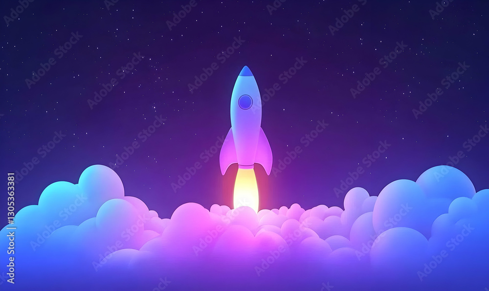 Rocket Launching Into Space Above Colorful Clouds and Stars Rocket Launching Into Space Above Colorful Clouds and Stars