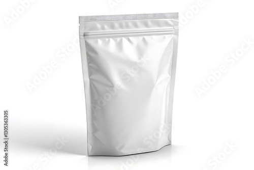 Sealed white foil packaging isolated on white background, product package for food or supplements photo